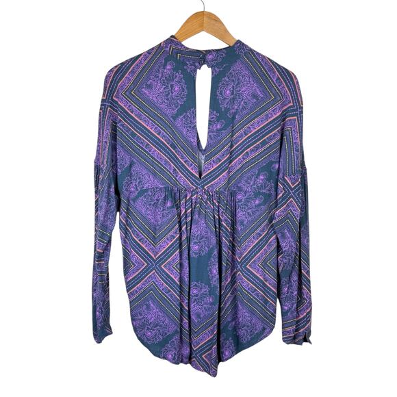 Free People Walking On A Dream Blue Purple Floral Diamond Oversized Tunic Top - Picture 11 of 13